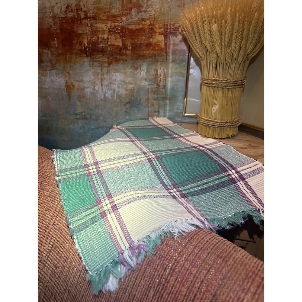 Vintage Woven Plaid Fringed Placemat Green Purple Cream Farmhouse Table Decor x4